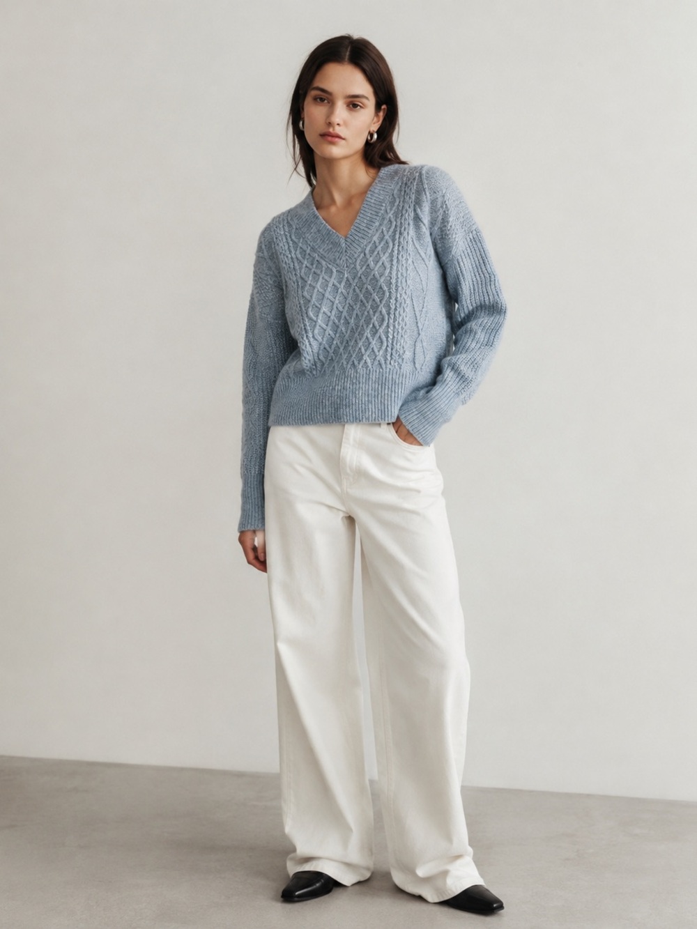 V-neck Cable Knit Classic Heather Grey Pullover Sweater